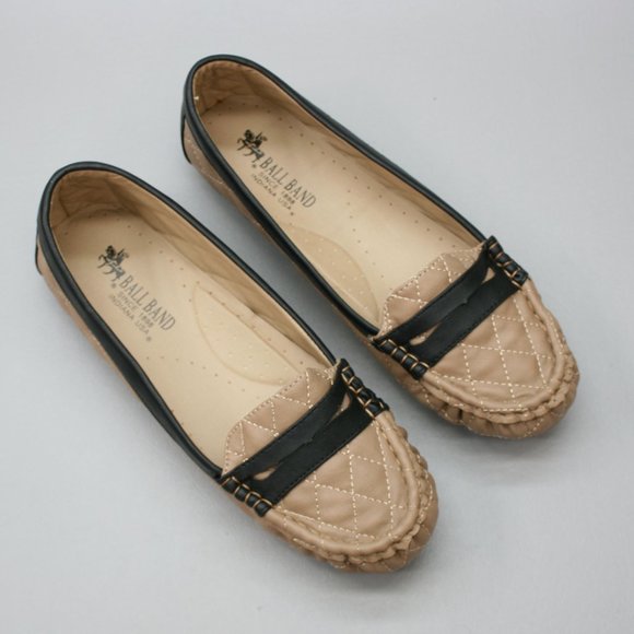 Ball-Band Ladies 10 Unique Taupe Black Slip-on Flats Moc-toe Moccasin Loafers - Picture 7 of 10